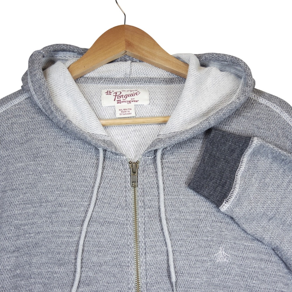 Original Penguin Mens XL Full Zip Hoodie Heather Gray Slub Knit Contrast Stitch